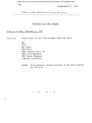 Pool for Friday, February 6, 1976: Travel pool for the Twin Bridges Marriott Hotel [Pool Assignments]