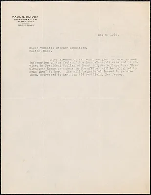 Eleanor Oliver typed note (3rd person) to Sacco-Vanzetti Defense Committee, Westfield, N.J., May 6, 1927