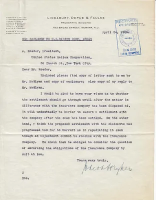 Letters Received to A. Roeder, April 24, 1926