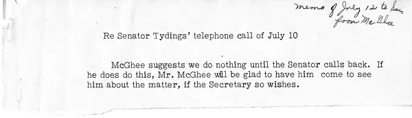 Memorandum of Telephone Conversation with Secretary of State Dean Acheson and Senator Millard Tydings