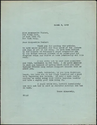 Gardner Jackson typed letter (copy) to Marguerite Tucker (The Civic Club), [Boston, Mass.], March 8, 1929