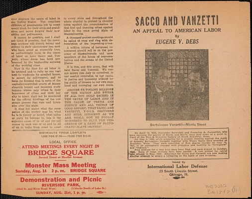 Eugene V. Debs printed leaflet, Chicago, Ill., [August 1927]: Sacco and Vanzetti, an appeal to American labor