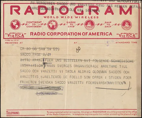 Svenska Sacco-Vanzetti Föersvarskommitten telegram, in Swedish, to [Sacco-Vanzetti Defense Committee?], Stockholm, Sweden, August 24, 1927