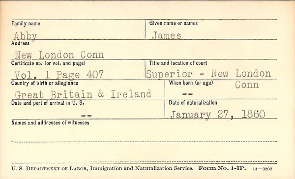 New London County Superior Court, Index to Naturalization Records, 1856-1905, Abby-Dickey