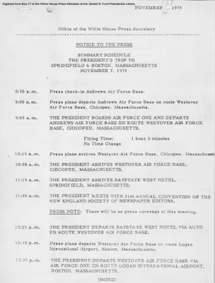 Summary Schedule, President's Trip to Springfield & Boston, Massachusetts, November 7, 1975