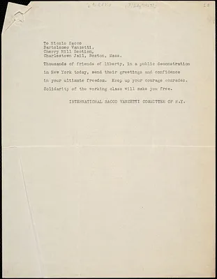 Brotherhood 4 International Labor Defense of Cicero autographed letter signed to [Nicola] Sacco and [Bartolomeo] Vanzetti, Cicero, Ill., 19 July 1927