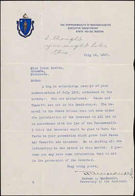 Herman A. MacDonald (Executive Department. Commonwealth of Massachusetts) typed letter signed to Irene Benton, Boston, Mass., July 16, 1927