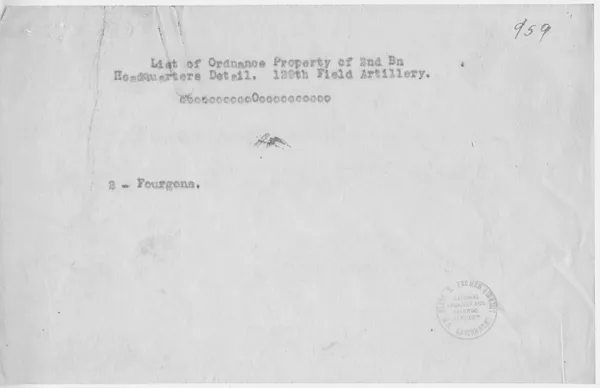 List of Ordnance Property of Second Battalion, Headquarters Detail, 129th Field Artillery