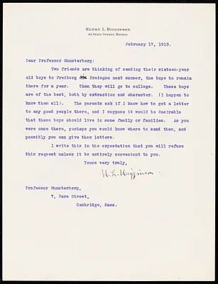 Higginson, Henry Lee, 1834-1919 typed letter signed to Hugo Münsterberg, Boston, 17 February 1913