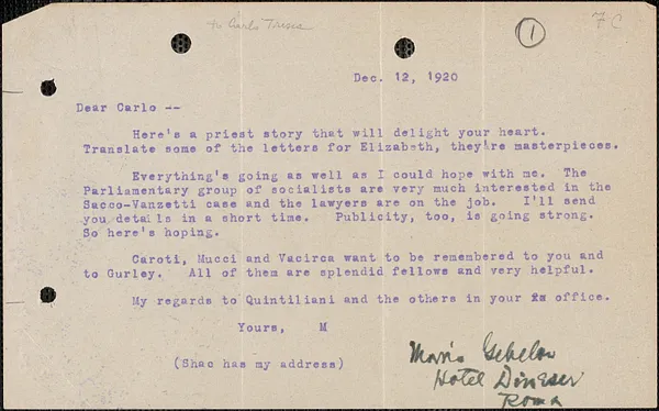 Morris Geblow [Eugene Lyons] typed letter signed to Carlo [Tresca] [Rome, Italy], December 12, 1920