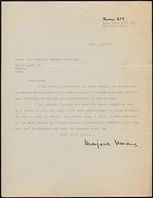 Marjorie Means typed note signed to Sacco-Vanzetti Defense Committee, New York, N. Y., September 5, 1927