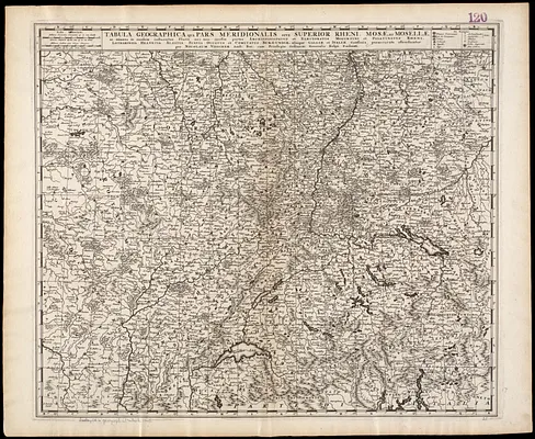Tabula geographica qua pars meridionalis sive superior Rheni, Mosae, et Mosellae, ac minores in eosdem influentes Fluvii nec non ,ediae partes Archiepiscopatus et Electoratus Moguntini et Palatinus Rheni, Lotharinga Helvetia Alsatia Suevia Ducatus et Comitatus Burgundiae, aliaque Galliae et Italiae confinia