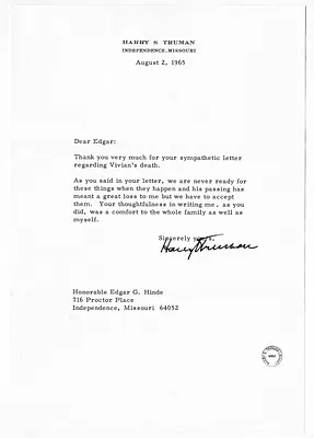 Letter from Harry S. Truman to Edgar Hinde