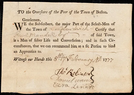 Abraham Remick indentured to apprentice with Paul Mandell of Hardwick, 13 February 1777