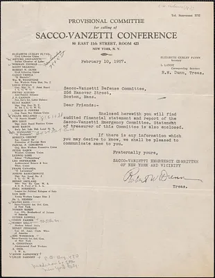Robert W. Dunn (Provisional Committee for Calling of Sacco-Vanzetti Conference) typed note signed to Sacco-Vanzetti Defense Committee, New York, N.Y., February 10, 1927