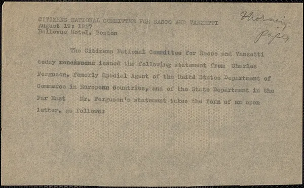 Charles Ferguson via the Citizens National Committee for Sacco and Vanzetti typed letter (circular) to members of the Citizens National Defense Committee, New York, N. Y., August 19, 1927
