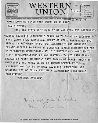 Telegram from Gardner Jackson to David Stowe