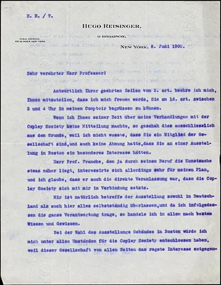 Reisinger, Hugo, 1856-1914 typed letter signed to Hugo Münsterberg, New York, 08 June 1908