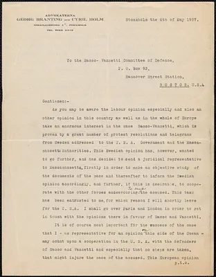 Georg Branting typed letter signed to Sacco-Vanzetti Defense Committee, Stockholm, Sweden, May 6, 1927