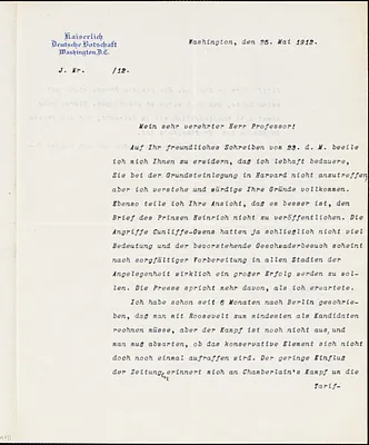 Bernstorff, Johann Heinrich, Graf von, 1862-1939 typed letter signed to Hugo Münsterberg, Washington, D.C., 25 May 1912