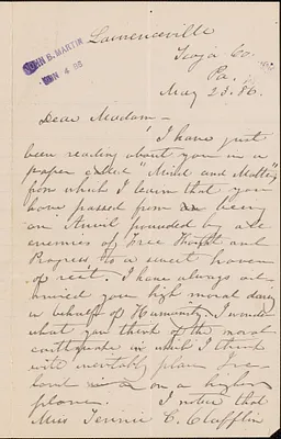 B. L. Taylor autograph letter signed to [Victoria Woodhull Martin], Lawrenceville, Pa., May 23, 1886