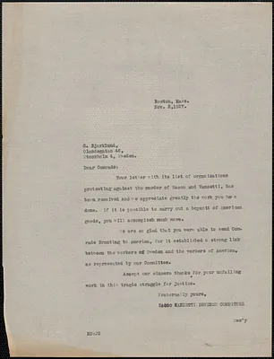 Mary Donovan (Sacco-Vanzetti Defense Committee) typed letter (copy) to C. J. Björklund (Svenska Sacco-Vanzetti Föersvarskommitten), Boston, Mass., November 2, 1927