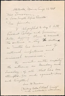 Louie Maud Merriam autograph letter signed to Mary Donovan or Sacco Vanzetti Defense Committee, Stillwater, Me., August 21, 1927