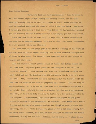 Bartolomeo Vanzetti typed letter (copy) to Mary Donovan, [Charlestown], 14 November 1926
