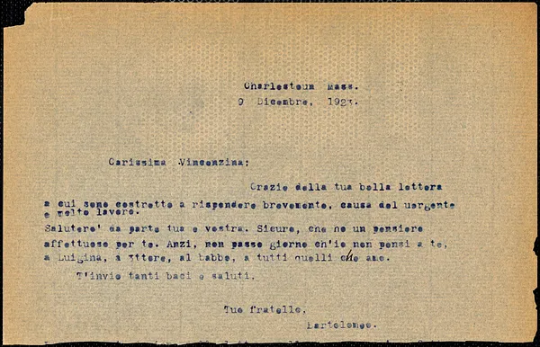 Bartolomeo Vanzetti typed note (copy) to Vincenzina Vanzetti, Charlestown, 9 December 1923