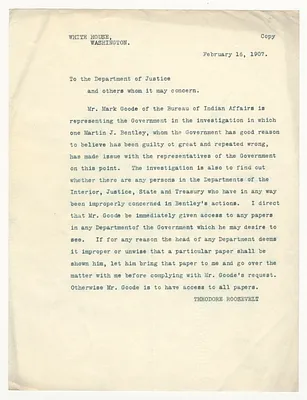 Copy of a Letter from President Theodore Roosevelt to Secretary of the Interior E. A. Hitchcock