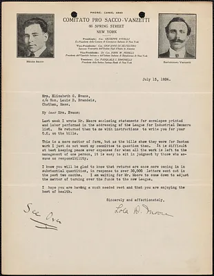 Lola Moore (Comitato Pro Sacco-Vanzetti) autograph letter signed to Elizabeth Glendower Evans, New York, N. Y., July 15, 1924