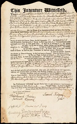 Miles Hubbard indentured to apprentice with Samuel Ridgway, Jr. of Boston, 2 October 1749