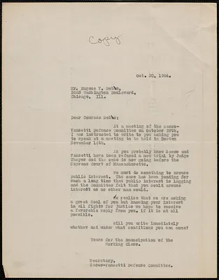 Frank R. Lopez (Sacco-Vanzetti Defense Committee) typed letter (copy) to Eugene V. Debs, Chicago, Ill., October 30, 1924