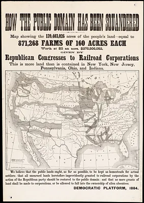 How the public domain has been squandered, map showing the 139,403,026 acres of the people's land - equal to 871,268 farms of 160 acres each, worth at $2 an acre, $278,806,052, given by Republican congresses to railroad corporations ; this is more land than is contained in New York, New Jersey, Pennsylvania, Ohio, and Indiana