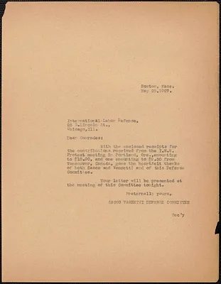 Sacco-Vanzetti Defense Committee typed note (copy) to International Labor Defense, Boston, Mass., May 25, 1927