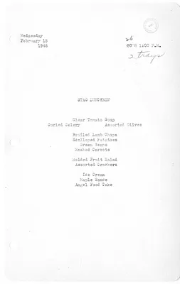 White House Menu for Stag Luncheon with Cabinet Assistant Secretaries