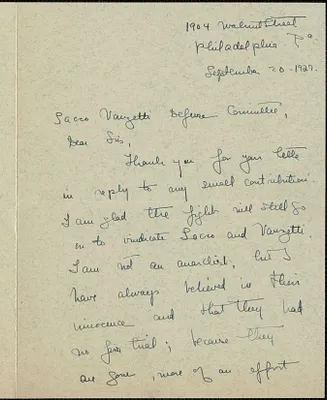 Jeanette Tomkins autograph letter signed to Sacco-Vanzetti Defense Committee, Philadelphia, Pa., September 20, 1927