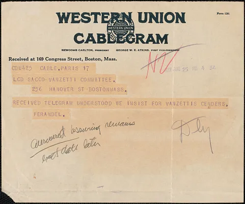 Ferandel telegram, in French, to Sacco-Vanzetti Defense Committee, Paris, France, August 25, 1927