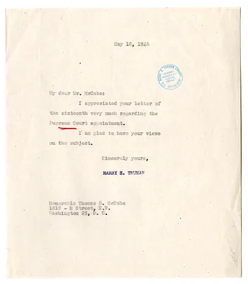 Correspondence Between Thomas McCabe and President Harry S. Truman