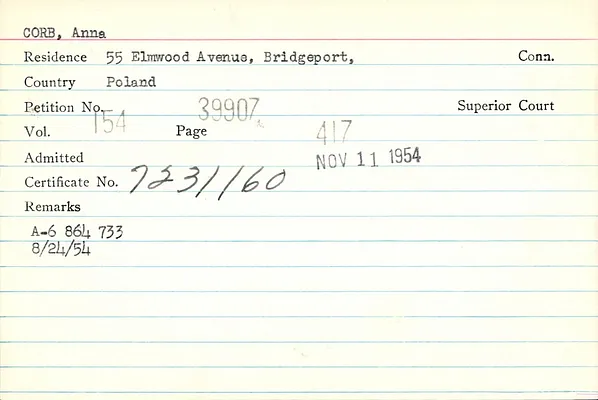 Fairfield County Superior Court and Fairfield County Court of Common Pleas, Index to Records of Naturalization, 1839-1955, Corb-Crouch