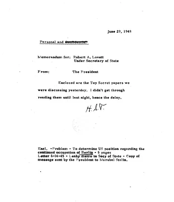 Memorandum from President Harry S. Truman to Under Secretary of State Robert Lovett