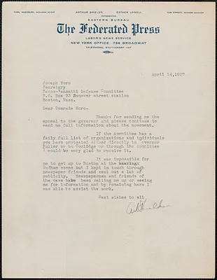 Art Shields (The Federated Press) typed letter signed to Joseph Moro, New York. N.Y., April 14, 1927