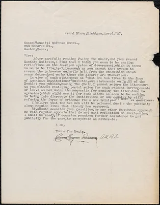 Cassen Eugene Parsons typed letter signed to Sacco-Vanzetti Defense Committee, Grand Blanc, Mich., April 6, 1927