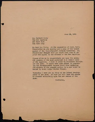 Sacco-Vanzetti Defense Committee typed letter (copy) to Herbert Croly (The New Republic), Boston, Mass., June 19?, 1926