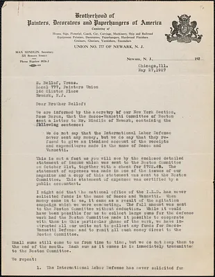 Brotherhood of Painters, Decorators and Paperhangers of America typed letter to S. Belloff (Painters Union, Local 777), Chicago, Ill., May 27, 1927
