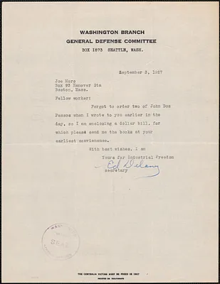 Ed Delany (Washington Branch, General Defense Committee) typed note signed to Joseph Moro, Seattle, Wash., September 3, 1927