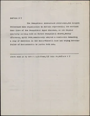 Robert A. Hoffman (The Evangelical Brotherhood Federation) telegram (copy) to Gov. [Alvan T.] Fuller, Buffalo, N. Y., [April 1927?]