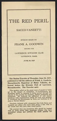 Herbert Brutus Ehrmann Papers, 1906-1970. Sacco-Vanzetti. Frank A. Goodwin: "Sacco-Vanzetti and the Red Peril". Box 12, Folder 15, Harvard Law School Library, Historical & Special Collections