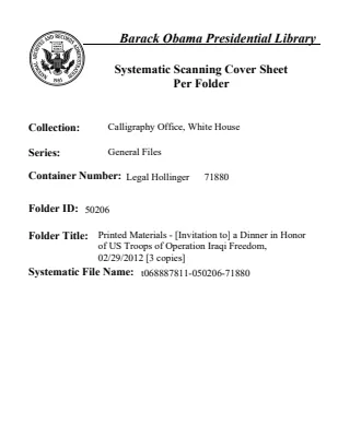 Printed Materials - [Invitation to] a Dinner in Honor of US Troops of Operation Iraqi Freedom, 02/29/2012
