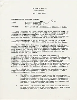 Memorandum for Governor Sununu from Roger B. Porter and David Q. Bates Regarding Development of Administration Disability Policy